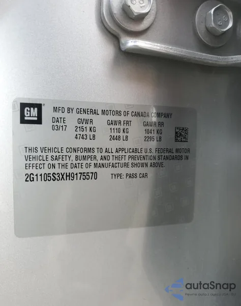 2017 Chevrolet Impala Lt z USA, uszkodzony, nr VIN 2G1105S3XH9175570